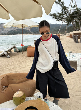 SANBARA早春新款韩版氛围感拼色插肩袖休闲大版长袖T恤86087