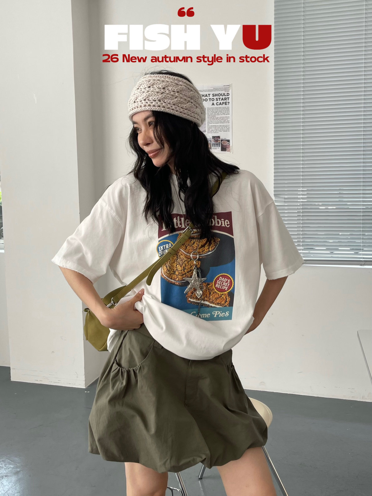 FISH YU秋美式复古曲奇饼干字母白墨印花洗水炒色宽松圆领短袖T恤