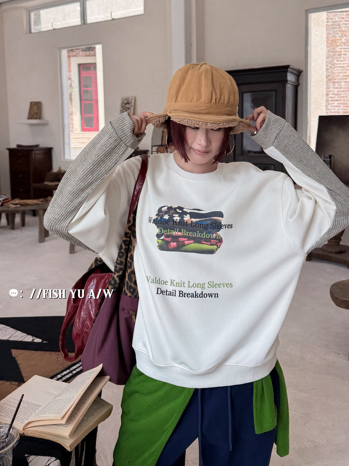 FISH YU美式堆叠衣服字母印花撞色拼接针织袖宽松圆领复合料卫衣