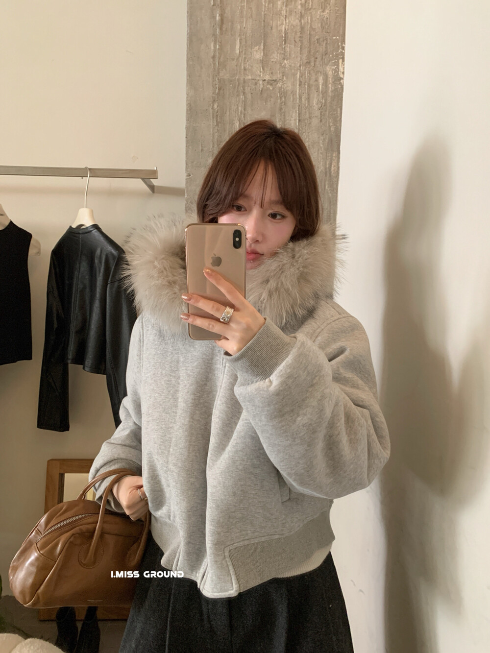 IMISS韩标！简约纯色真毛领加绒加厚兔毛内里连帽卫衣外套90585