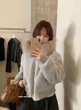 IMISS韩标！冬新款百搭简约纯色加绒加厚兔毛内里连帽卫衣外套