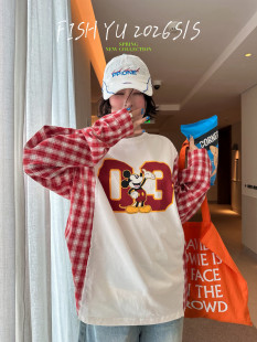 FISH 韩系米奇03字母印花格纹拼接圆领宽松卫衣26098 YU春新款