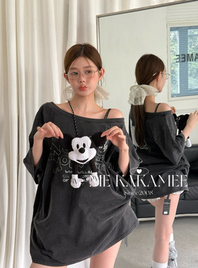 ME KAKAMEE新品卡通米奇AB面正反两面穿斜肩宽松大版短袖T恤5021