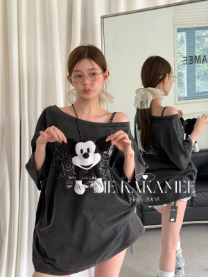 ME KAKAMEE新品卡通米奇AB面正反两面穿斜肩宽松大版短袖T恤5021