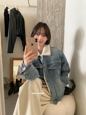 IMISS韩标！冬新款简约复古加厚仿羊羔毛牛仔外套棉服外套女H6039