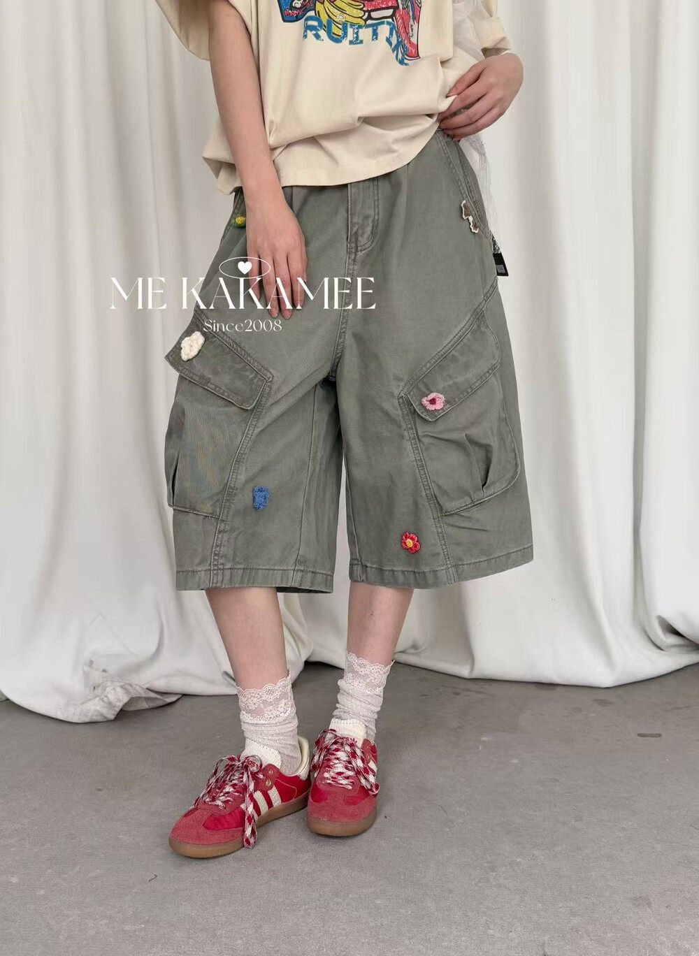 ME KAKAMEE夏季新品手缝花朵美式大口袋设计七分工装牛仔裤C0781