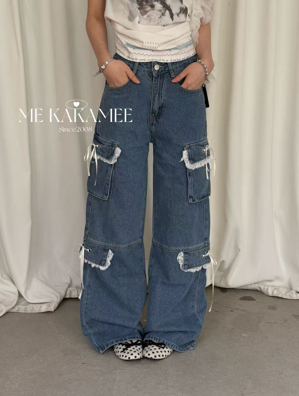 ME KAKAMEE春新品拼接蕾丝工装口袋设计感冼水牛仔裤长裤女5536
