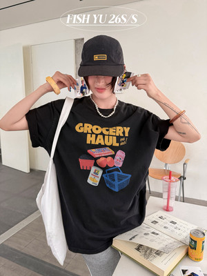 YU夏新款美式街头感洗水做旧趣味印花圆领宽松短袖T恤上衣626122