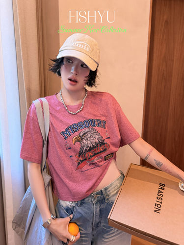 FISH YU美式复古老鹰字母印花仿洗水面料宽松圆领短款短袖T恤女