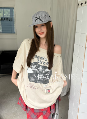 ME KAKAMEE夏新品美式复古铆钉设计感斜肩宽松大版短袖T恤S5025