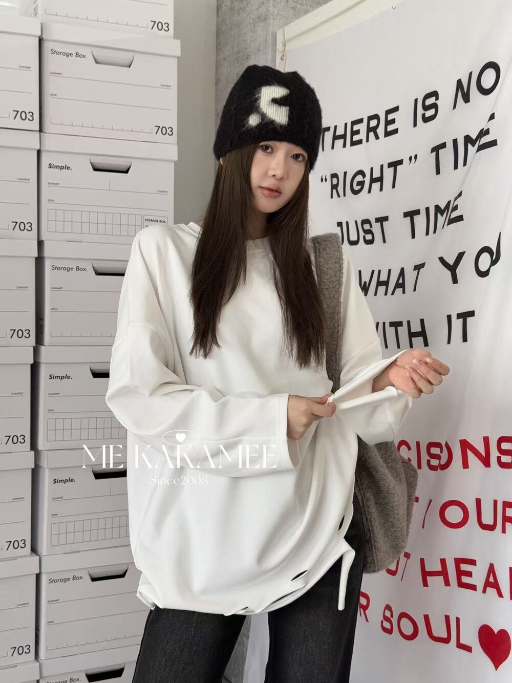 KAKAMEE冬新品破洞搭配神器宽松薄绒加厚打底衫白色长袖T恤9005