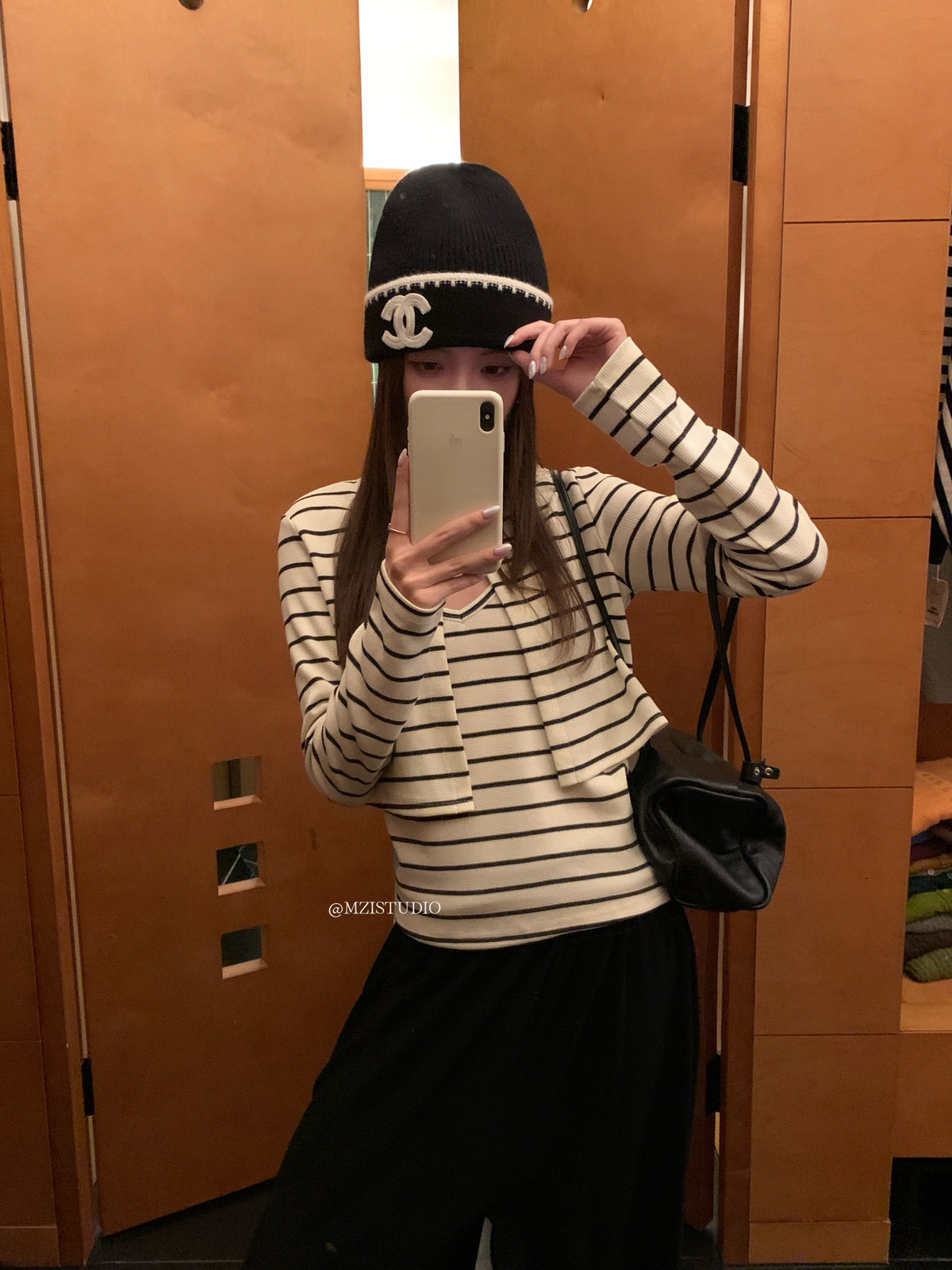 MZI STUDIO秋条纹单钮扣开衫简约条纹挂脖百搭背心两件套装13556图片