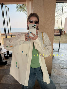 More有熊夏新款 衬衫 上衣女大版 休闲1061 设计感宽松涂鸦印花长袖