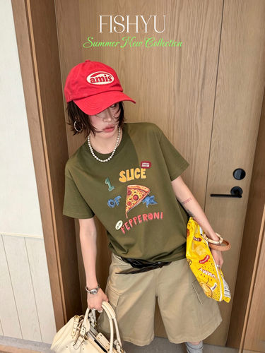 FISH YU夏新款欧货美式复古趣味披萨印花正肩宽松短袖T恤女26201