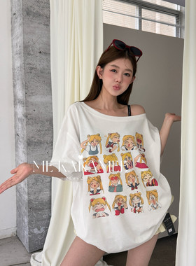 ME KAKAMEE卡通美少女AB面彩喷正反两穿斜肩宽松大版短袖T恤5028