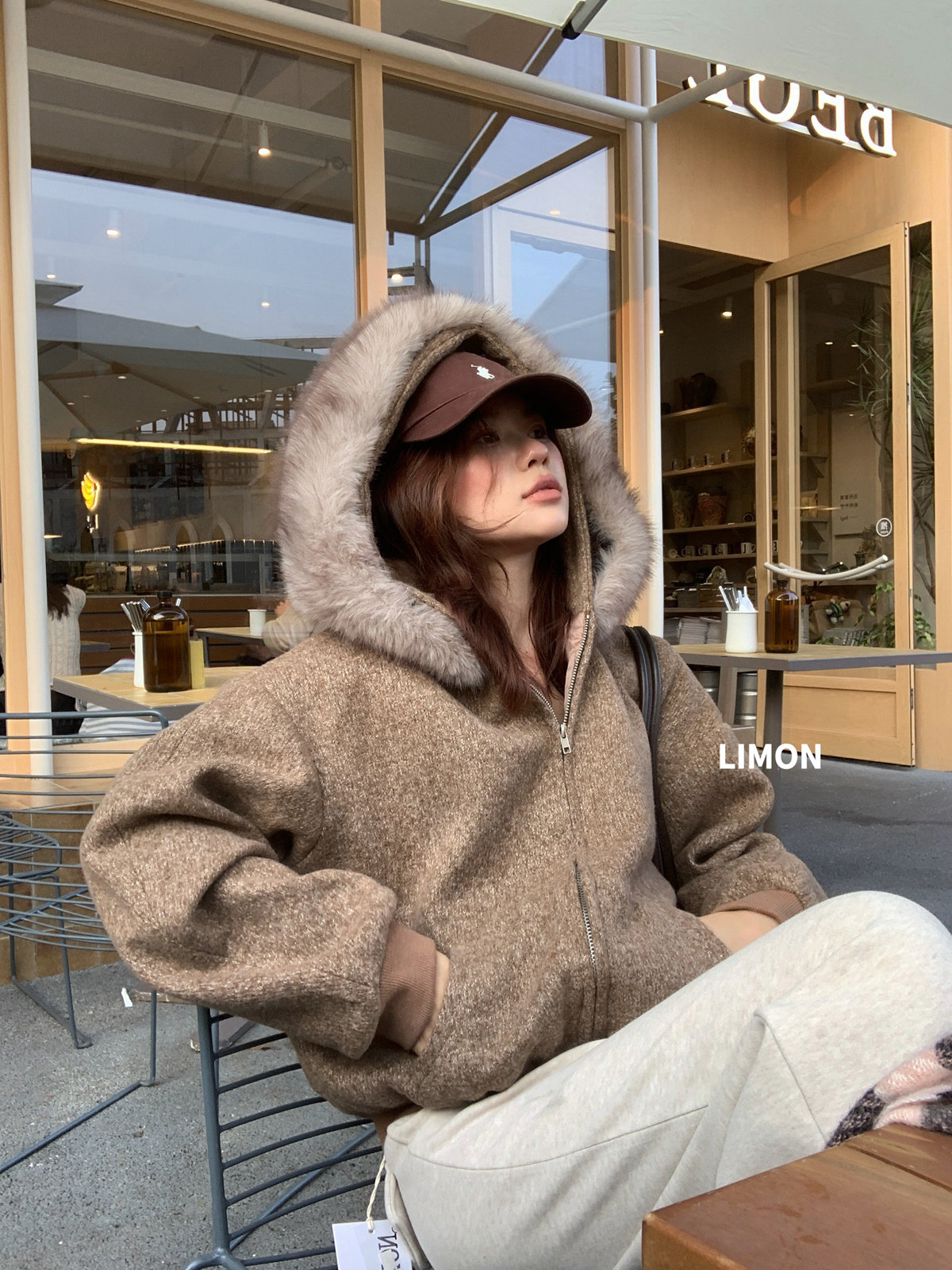 The limon冬新款韩版休闲彩纱杂色针织夹棉连帽外套棉服11521