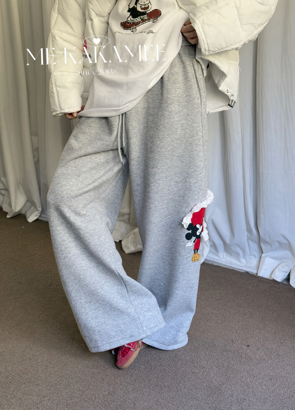 ME KAKAMEE冬新品韩系爱心米奇拼接蕾丝加厚加绒百搭休闲裤A3185