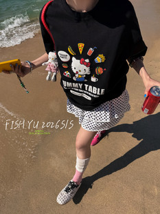 YU早春新款韩货波点小花边拼接蛋糕半身裙松紧腰上衣女26001