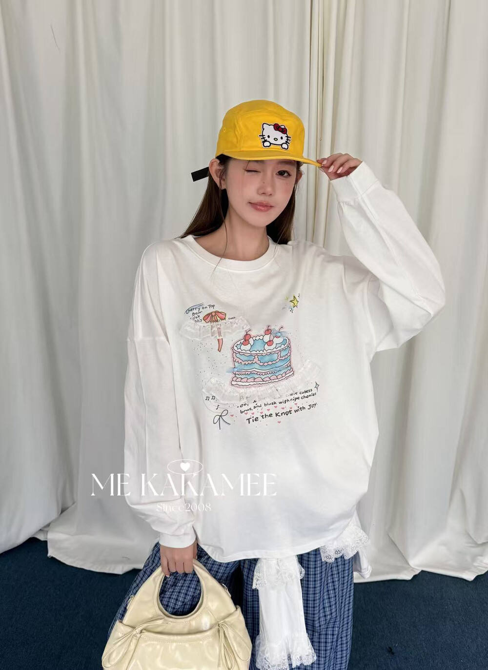 ME KAKAMEE秋新品喷画蛋糕立体蕾丝设计感大版长袖T恤 9619