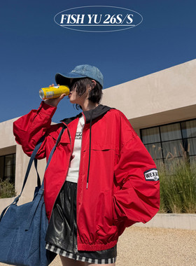 YU美式街头风撞色帽子设计感双袖刺绣标风衣外套夹克 626038