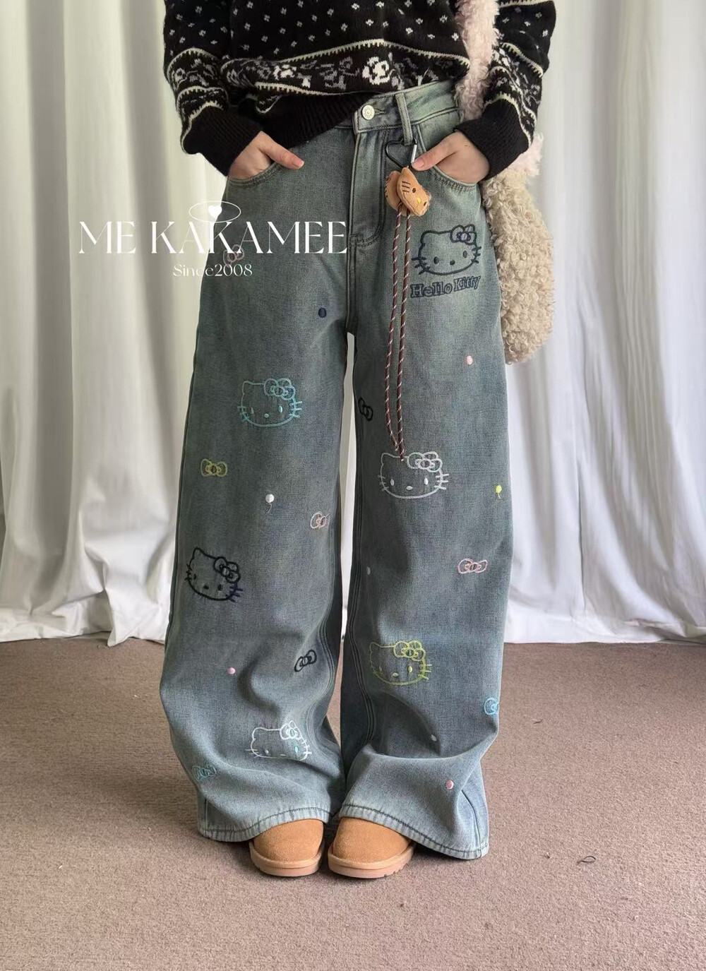ME KAKAMEE冬新品复古洗水刺绣kT猫加绒加厚牛仔裤阔腿裤女0631