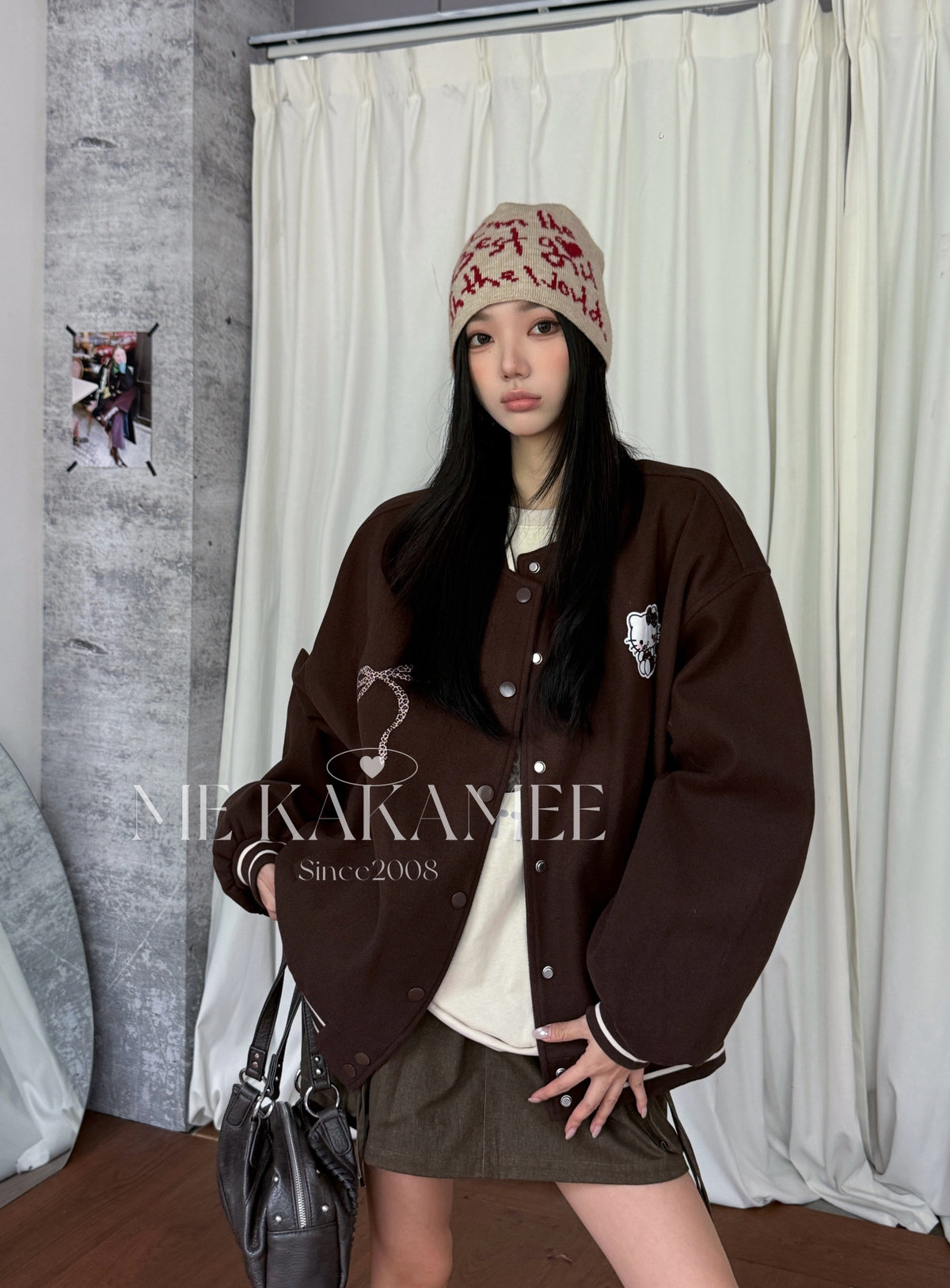 ME KAKAMEE新品美式复古豹纹KT章仔刺绣毛呢棒球服大版外套5686