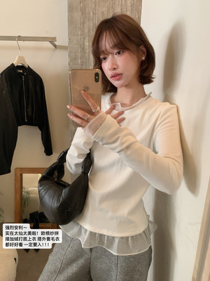 IMISS冬新款韩版甜美加绒加厚欧根纱拼接打底衫长袖T恤女H90588