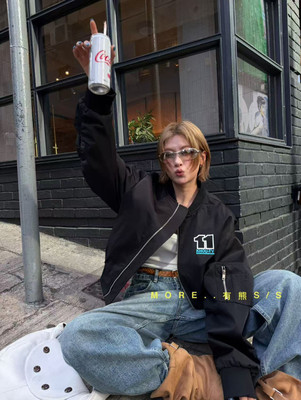 More有熊早春新款酷感街头风立领宽松字母刺绣棒球服外套夹克2758