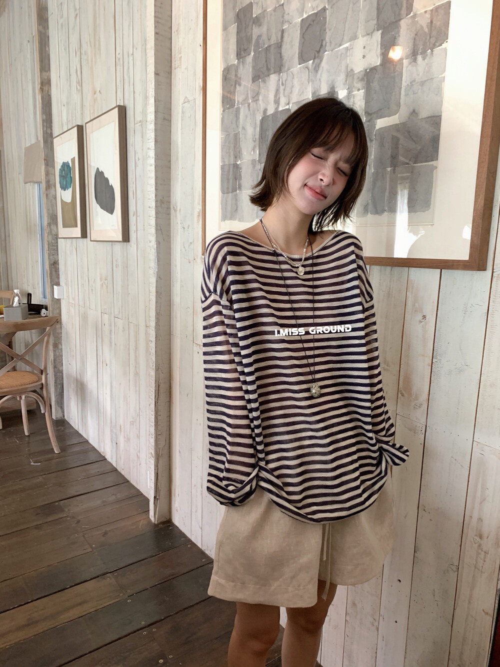 IMISS韩标！2026夏新款长袖t恤麻感冰丝条纹防晒针织衫上衣01360