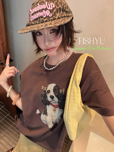 FISH YU夏韩系手绘感小狗印花手缝蝴蝶结宽松圆领短袖T恤26255