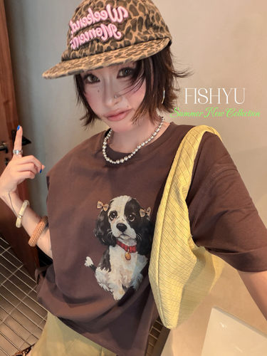 FISH YU夏韩系手绘感小狗印花手缝蝴蝶结宽松圆领短袖T恤26255