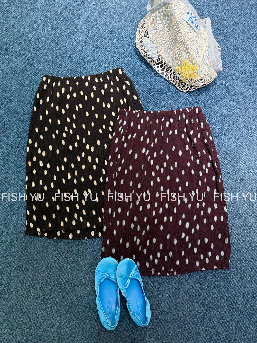FISH YU夏新款韩系褶皱肌理面料慵懒温柔感波点短裙半身裙26358