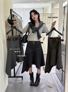 THE 美拉德艺术感不规则裙摆巨显瘦牛仔裙配腰带1160 LEMON秋新款