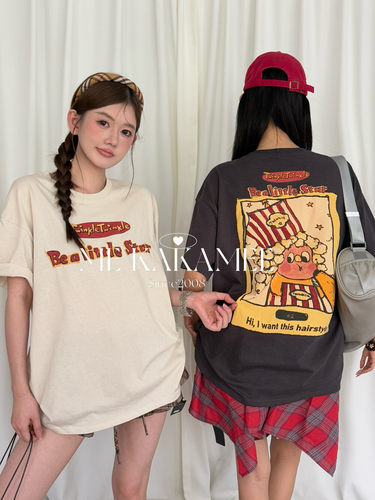 ME KAKAMEE夏新品复古字母爆米花卡通彩喷宽松大码短袖T恤S5038
