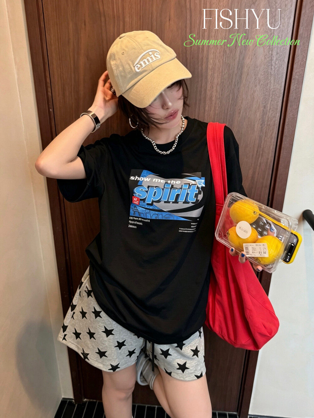 FISH YU夏美式复古字母印花立体别针辅料休闲大版短袖T恤26251