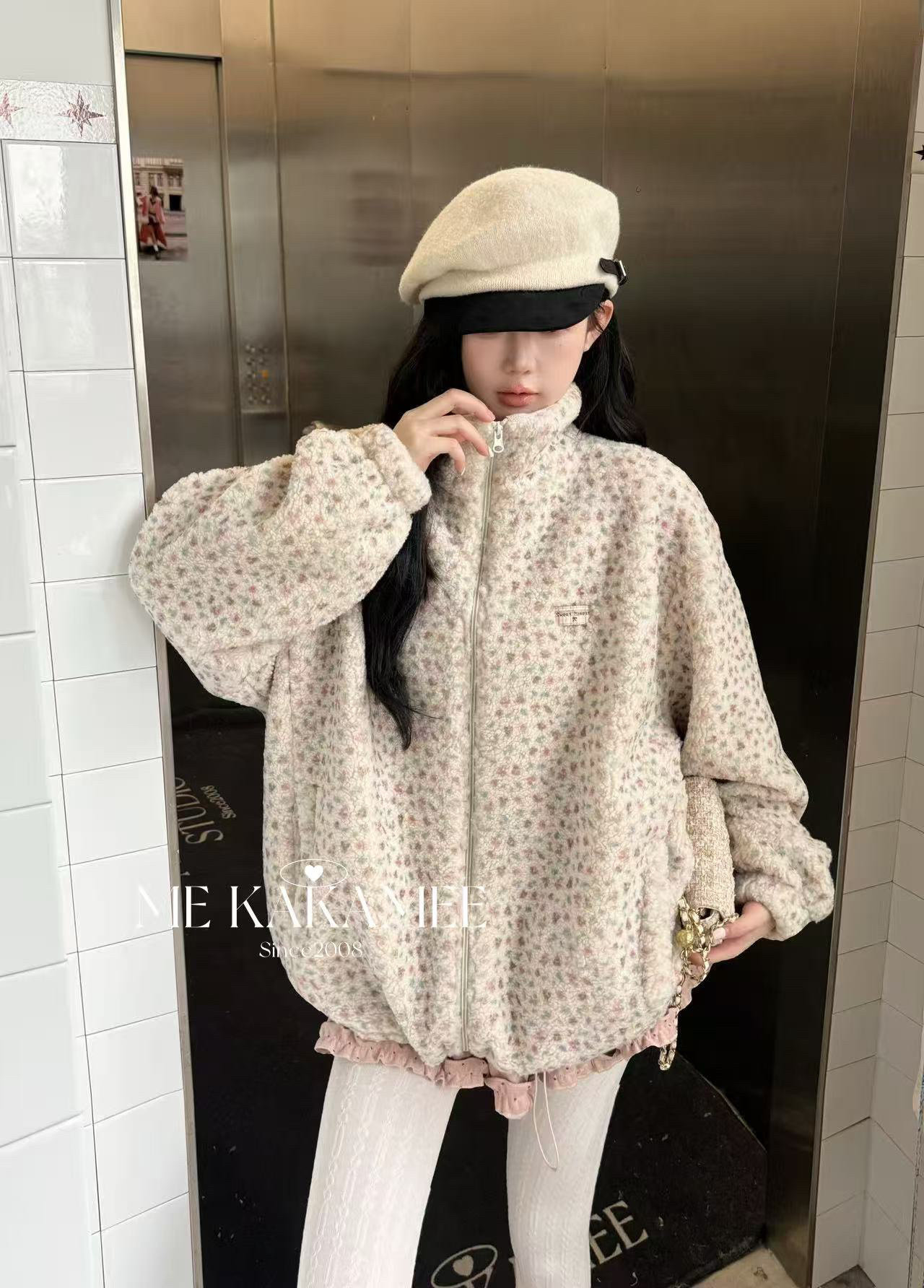 ME KAKAMEE冬新品全刺绣字母徽章费尔岛软糯羊羔绒外套棉服9768