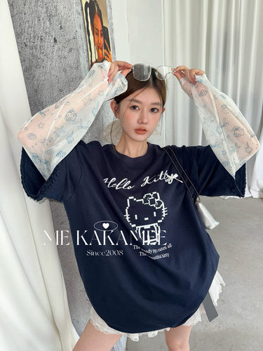 ME KAKAMEE韩系蝴蝶结像素KT猫拼接满印网纱宽松大版长袖T恤S5016