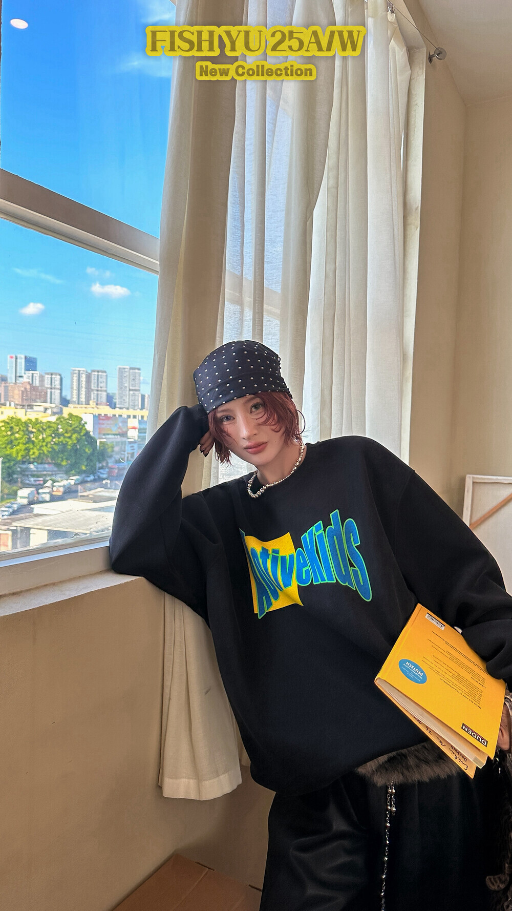 YU冬新款韩系英文字母撞色印花复合银狐绒圆领宽松休闲加绒卫衣女