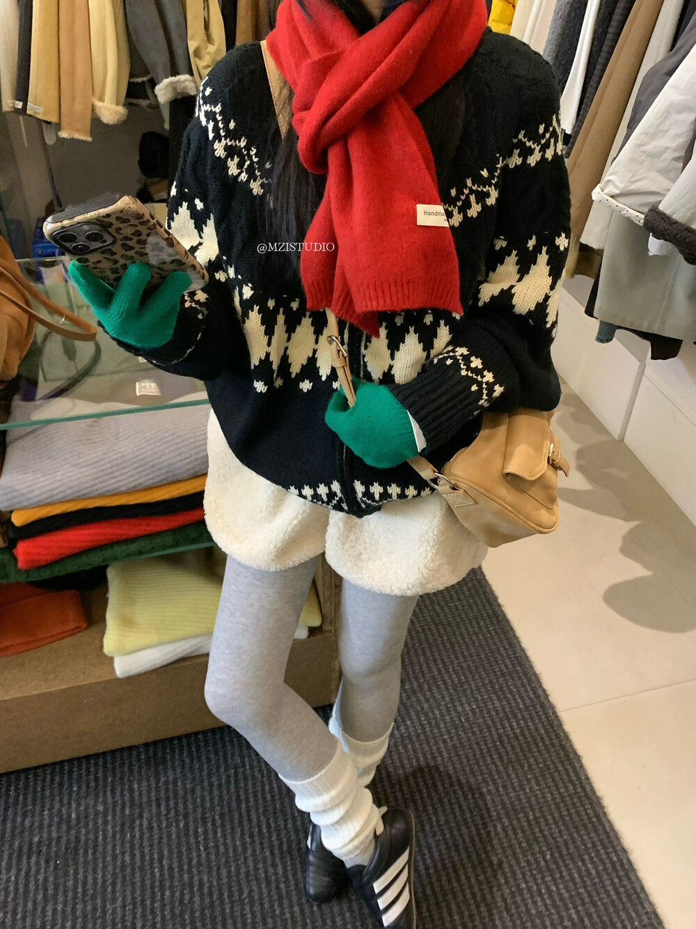 MZI STUDIO冬新款氛围费尔岛提花复古情怀翻领拉链外套毛衣25117