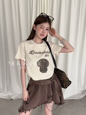 ME KAKAMEE夏季新品冼水做旧喷画小狗小版短袖T恤女休闲上衣9213