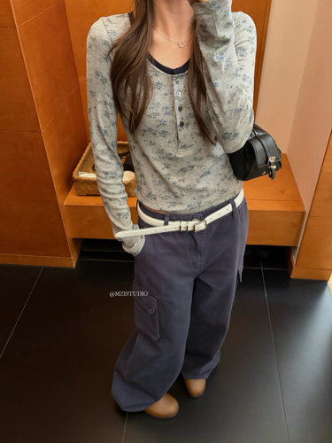 MZI STUDIO秋季棉碎花拼色零甜美温柔淑女感套头长袖T恤13522