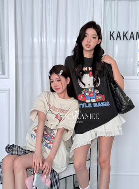 KAKAMEE2026夏季新品美式卡通kitty猫喷画短袖T恤圆领上衣s3987