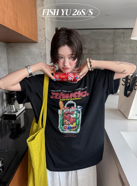 FISH YU夏美式趣味字母购物袋前后白墨印花宽松大版圆领短袖T恤女