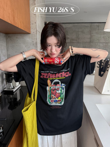 FISH YU夏美式趣味字母购物袋前后白墨印花宽松大版圆领短袖T恤女