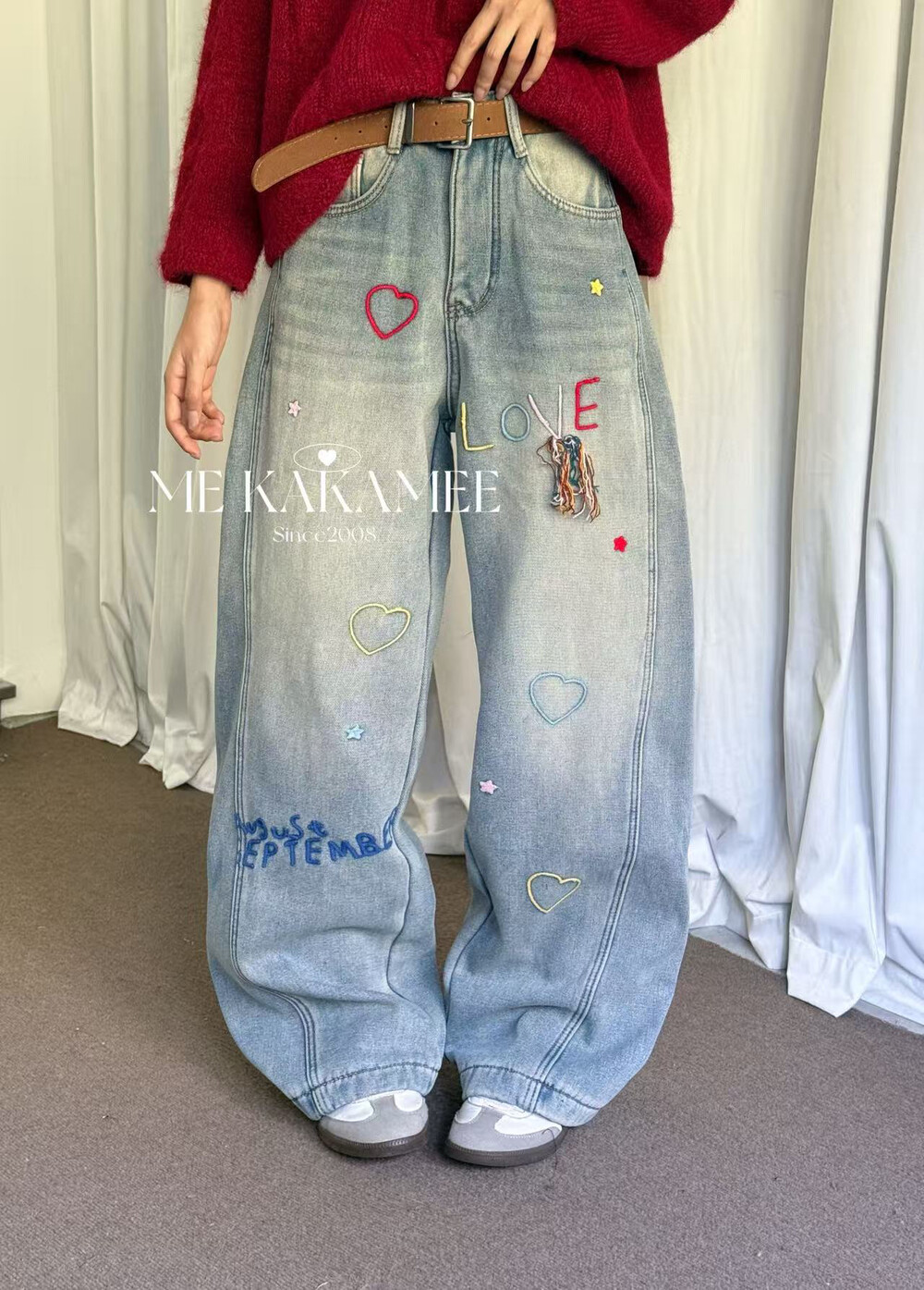 ME KAKAMEE冬新品复古洗水立体绣字母加绒牛仔裤 配腰带C0635