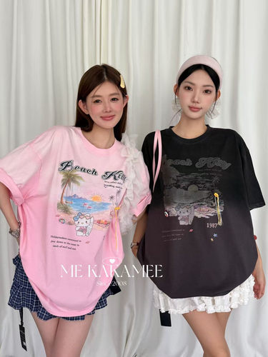 ME KAKAMEE夏季新品洗水渐变工艺喷画海岛KT猫大版短袖T恤9209