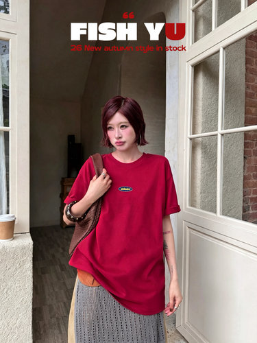 FISH YU秋新款美式复古刺绣小标基础百搭圆领磨毛宽松短袖T恤