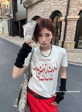 FISH YU春新款美式复古字母印花轻磨毛正肩弹力圆领短袖T恤25635