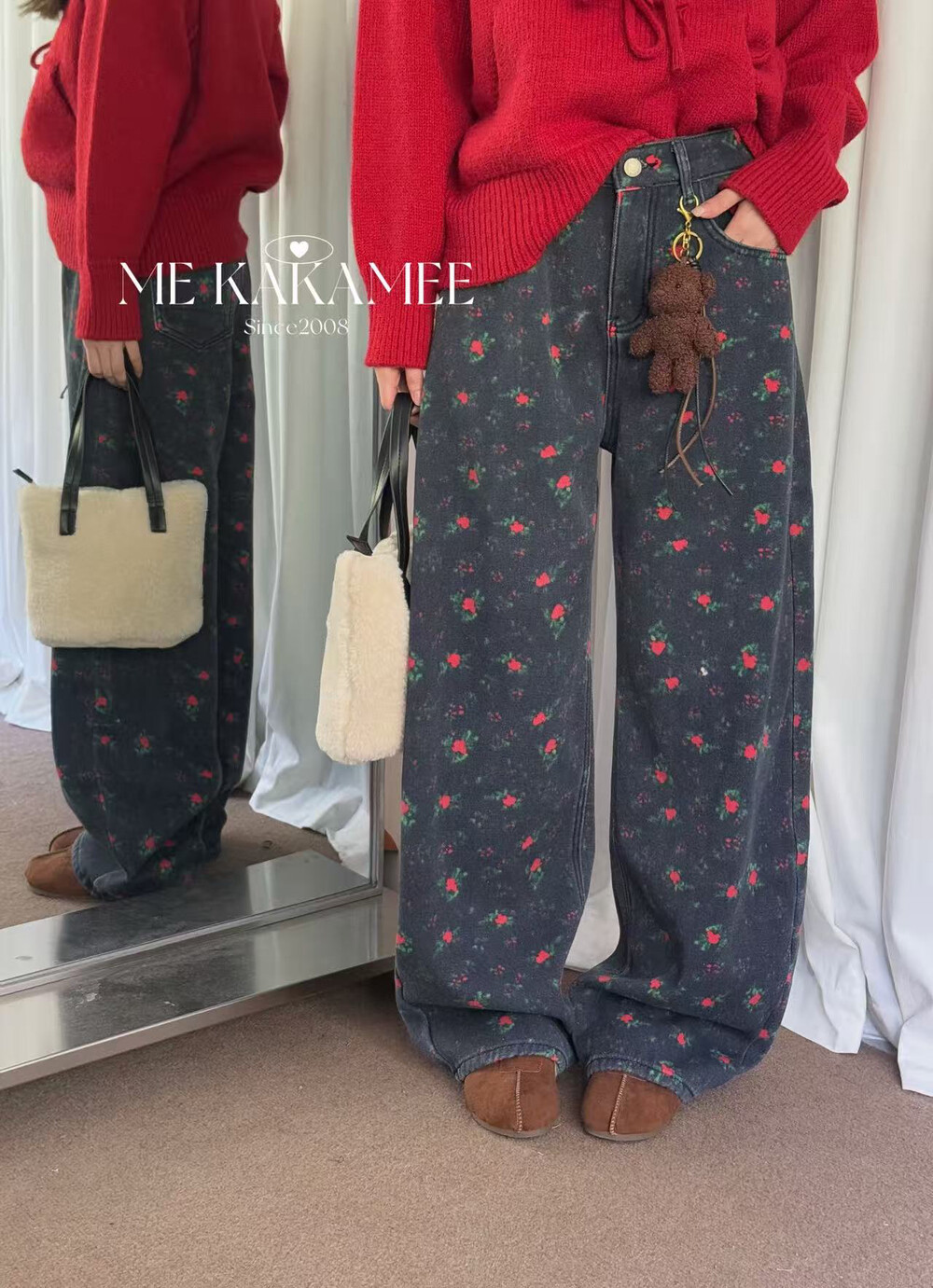ME KAKAMEE冬新品韩系复古韩版小碎花加绒牛仔裤配小熊公仔0621
