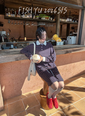 YU韩货休闲风条纹撞色领宽松POLO衫松紧腰休闲条纹半身裙套装